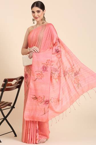 Peach colour silk blend women's  saree with blouse piece