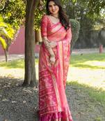 Peach Woven Organza Ikat Sarees