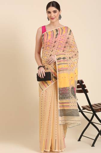 Cream colour silk blend women's  saree with blouse piece