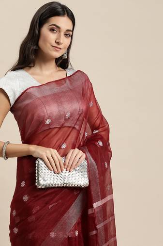 Maroon colour organza women's  saree with blouse piece