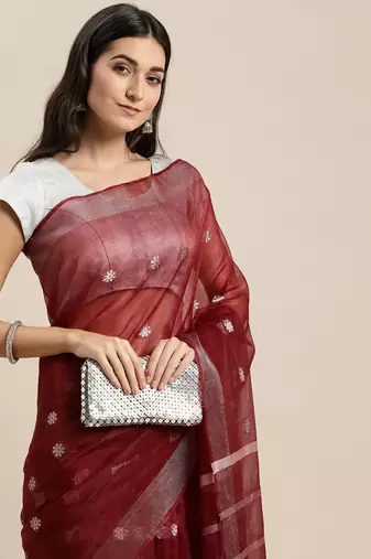 Maroon colour organza women's  saree with blouse piece