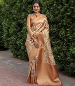 Light Yellow Printed Art Silk Faux Banarasi Sarees