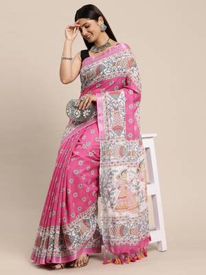 Pink colour liva women's  saree with blouse piece 2