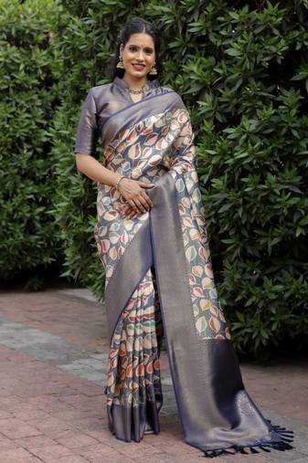 Navy Blue Printed Art Silk Faux Banarasi Sarees