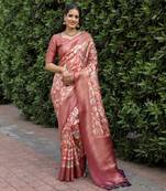 Peach Printed Art Silk Faux Banarasi Sarees