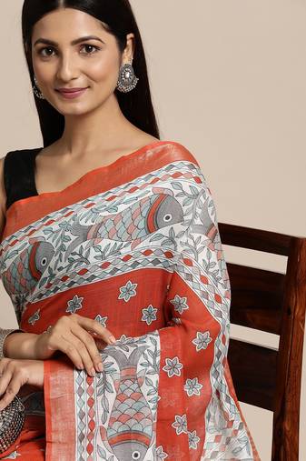 Orange colour liva women's  saree with blouse piece