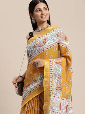 Mustard colour liva women's  saree with blouse piece 1