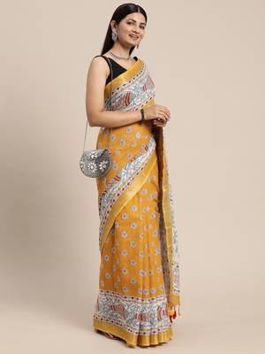 Mustard colour liva women's  saree with blouse piece 2