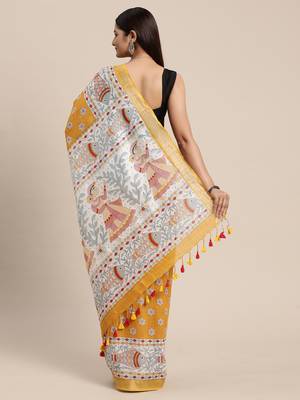 Mustard colour liva women's  saree with blouse piece 3