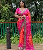 Orange printed silk bandhani sarees bandhej