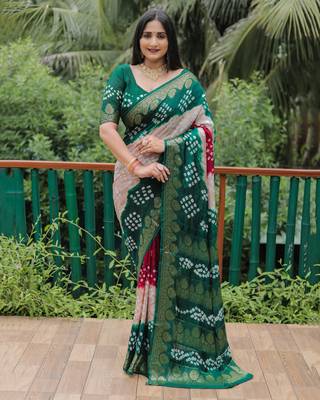 Green Printed Silk Bandhani Sarees Bandhej 1