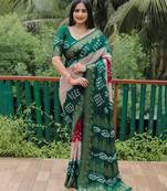 Green Printed Silk Bandhani Sarees Bandhej