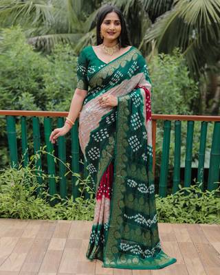 Green Printed Silk Bandhani Sarees Bandhej 2