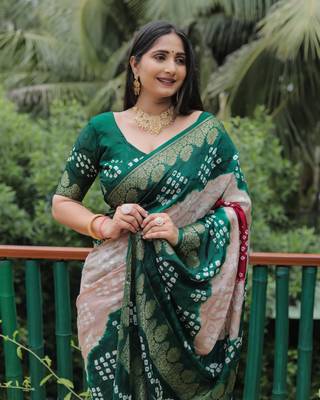 Green Printed Silk Bandhani Sarees Bandhej 3