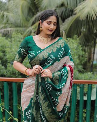 Green Printed Silk Bandhani Sarees Bandhej 4