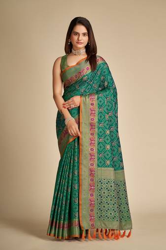 Green Woven Art Silk Faux Banarasi Sarees