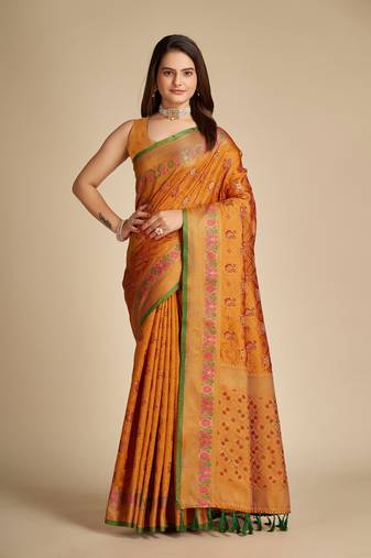 Orange Woven Art Silk Faux Banarasi Sarees