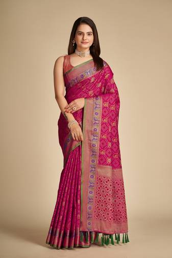 Rani Pink Woven Art Silk Faux Banarasi Sarees