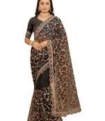 Black thread dori embroidery work net saree with blouse