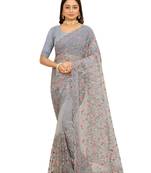 Grey thread dori embroidery work net saree with blouse