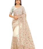 Off white thread dori embroidery work net saree with blouse
