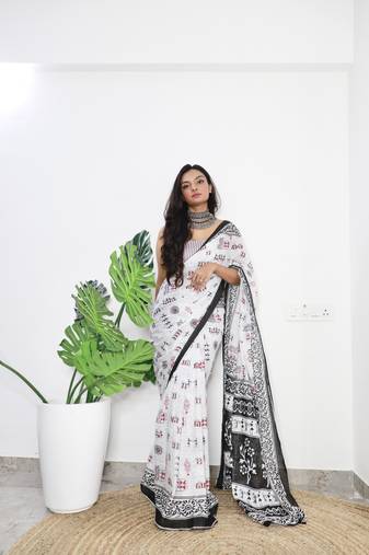 White Printed Cotton Cotton Sarees