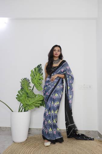 Grey Printed Cotton Cotton Sarees
