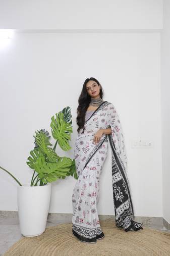 White Printed Cotton Cotton Sarees