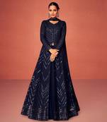 Navy blue anarkali semi stitched Pakistani suite with heavy Embroidery work in Georgette fabric