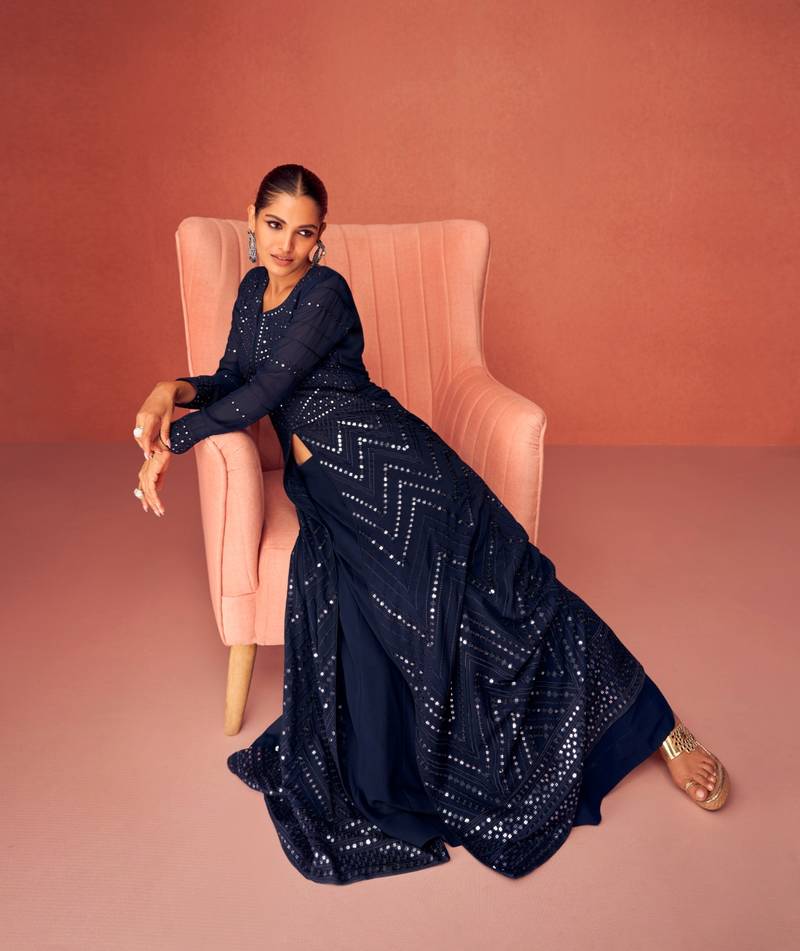 Navy blue anarkali semi stitched Pakistani suite with heavy Embroidery work in Georgette fabric