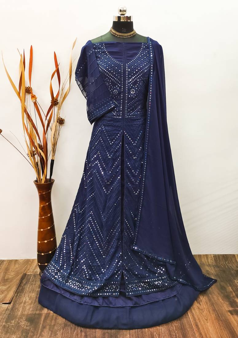 Navy blue anarkali semi stitched Pakistani suite with heavy Embroidery work in Georgette fabric