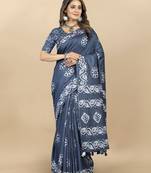 Grey Printed Cotton Poly Batik Sarees