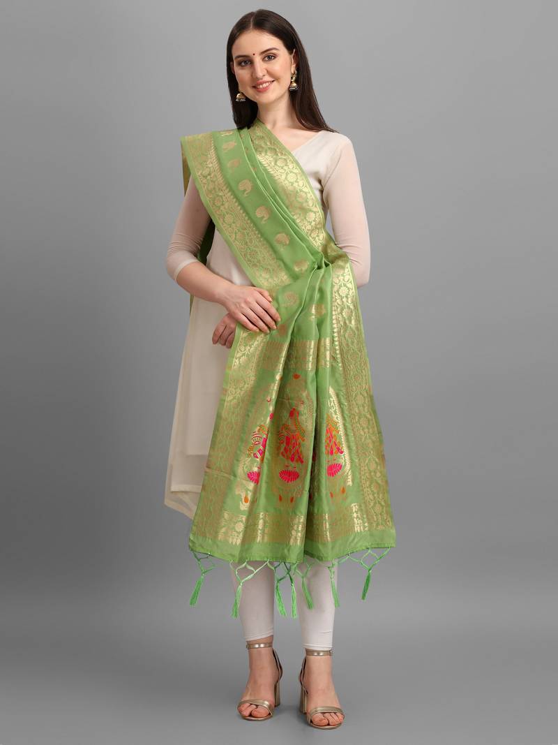 Parrot Green Banarasi Silk Jacquard Woven Dupatta