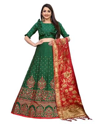 Mameraa Bottle Green Jacquard Silk Semi-stitched Lehenga Choli 1