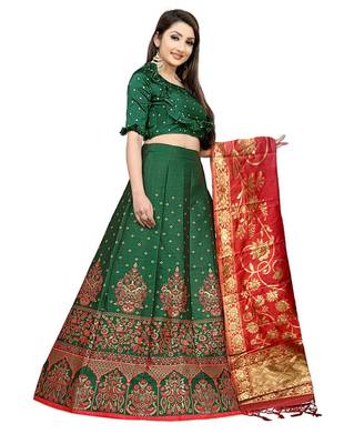 Mameraa Bottle Green Jacquard Silk Semi-stitched Lehenga Choli 2