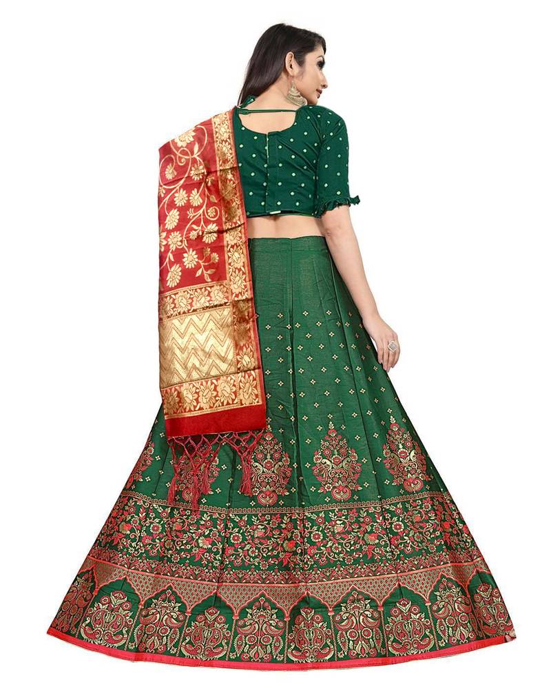 Mameraa Bottle Green Jacquard Silk Semi-stitched Lehenga Choli
