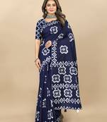 Navy Blue Printed Cotton Poly Batik Sarees