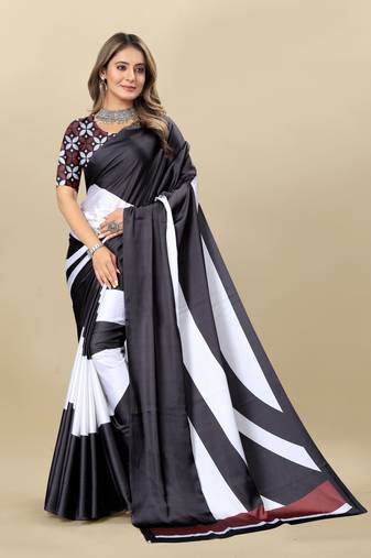 Black Printed Satin Satin Sarees