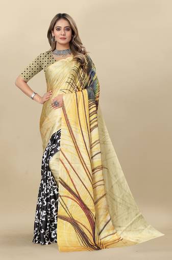 Golden Printed Satin Satin Sarees