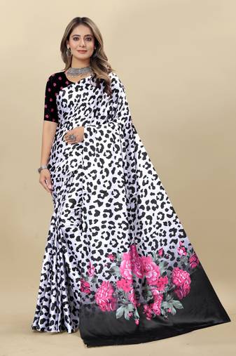 Black Printed Satin Satin Sarees