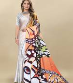 White Printed Satin Satin Sarees