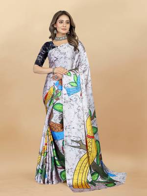 White Printed Satin Satin Sarees 1