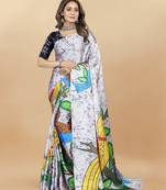 White Printed Satin Satin Sarees