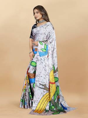 White Printed Satin Satin Sarees 2