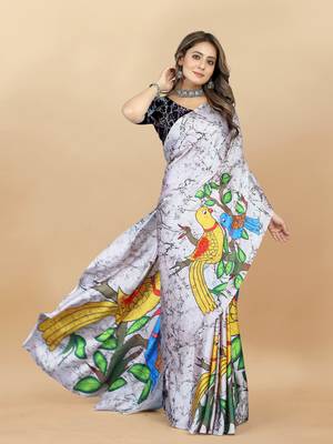 White Printed Satin Satin Sarees 3