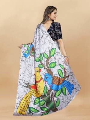 White Printed Satin Satin Sarees 4