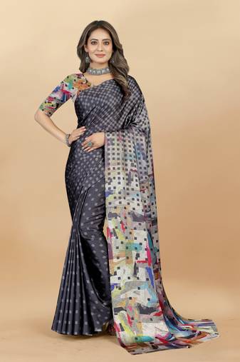 Black Printed Satin Satin Sarees