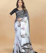 White Printed Satin Satin Sarees
