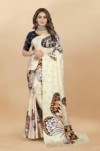 Cream Printed Satin Satin Sarees