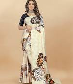 Cream Printed Satin Satin Sarees